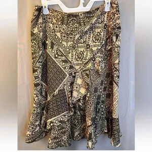 Chaps Women’s Floral Geometric Ruffle Black Gold Lined Skirt Med Euc